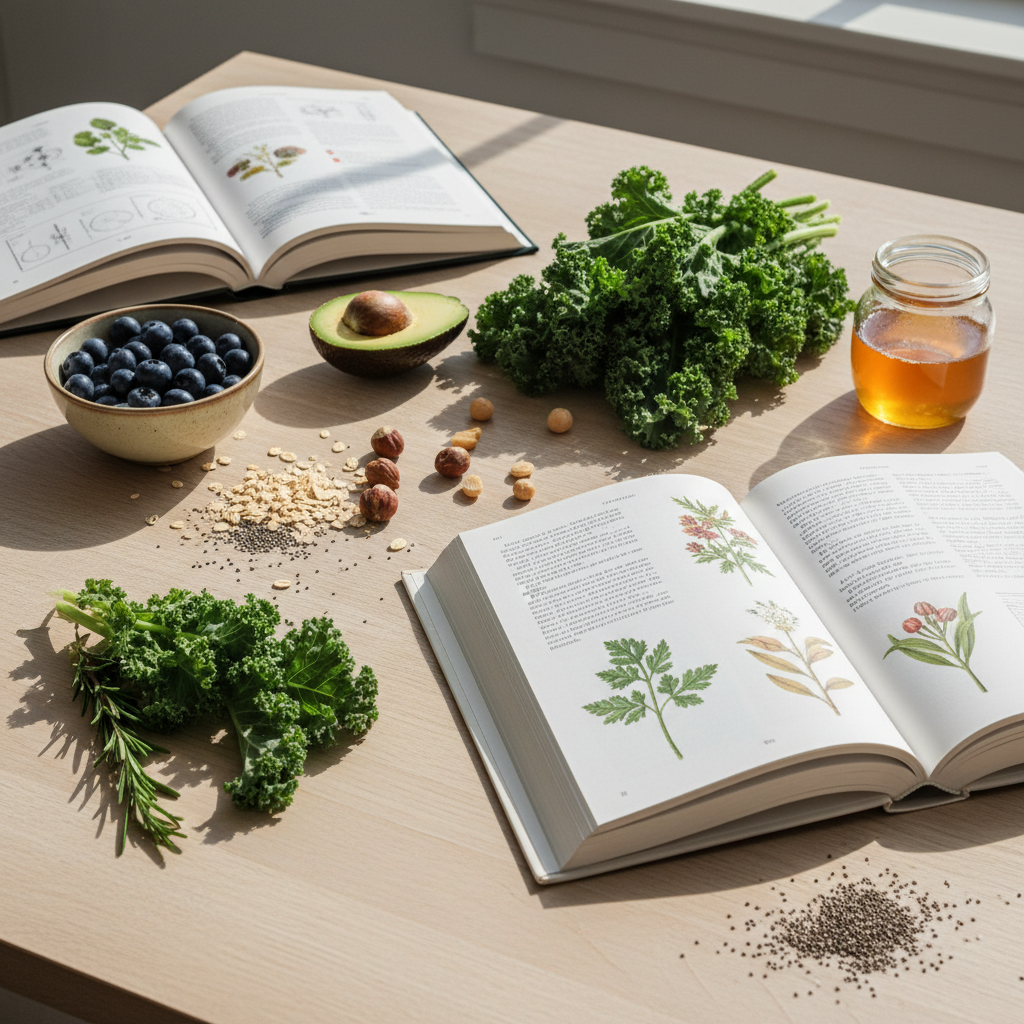 Open books and fresh natural food ingredients on a light wooden surface representing knowledge and nutrition