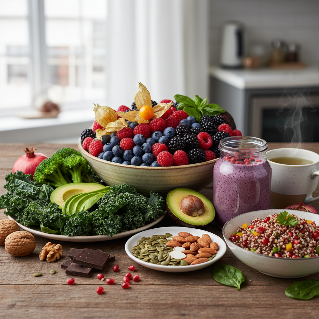 Vibrant colourful berries, dark leafy greens, and other antioxidant-rich foods