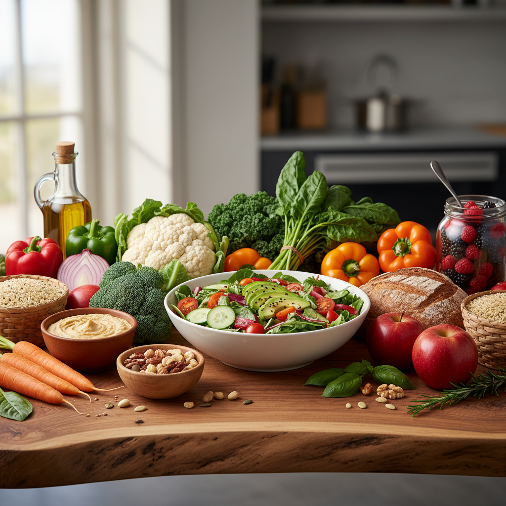 Fresh vegetables and whole foods arranged on a natural wooden surface representing balanced nutrition