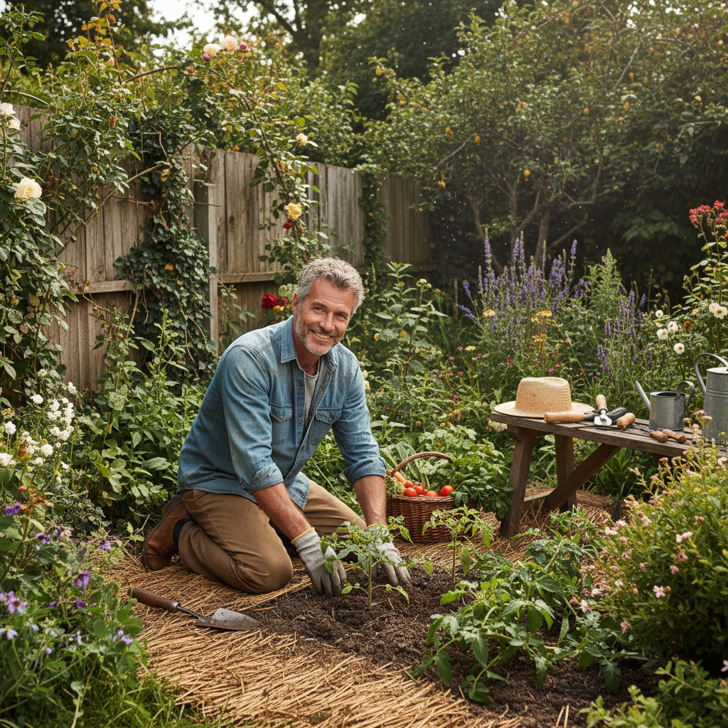 Mature man gardening outdoors surrounded by green plants and natural light, representing active and healthy living