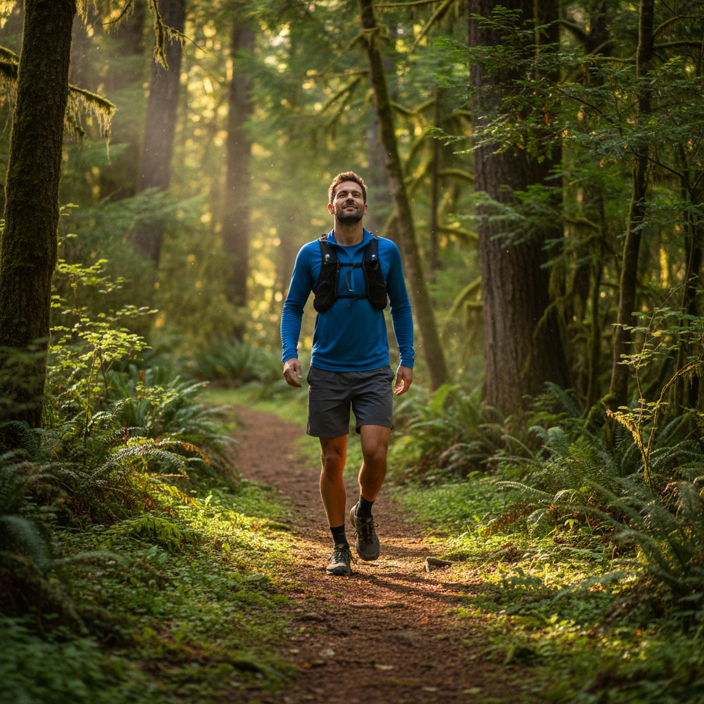 Active man walking through a green forest trail surrounded by natural light and fresh air